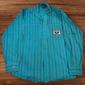 Vintage Sasson Striped Shirt Long Sleeve Button Up Western Patch Teal Mens Large